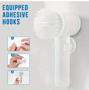 White plastic 1pc electric spin cleaning brush with wall-mounted adhesive hooks and a round bristle head for efficient cleaning tasks.