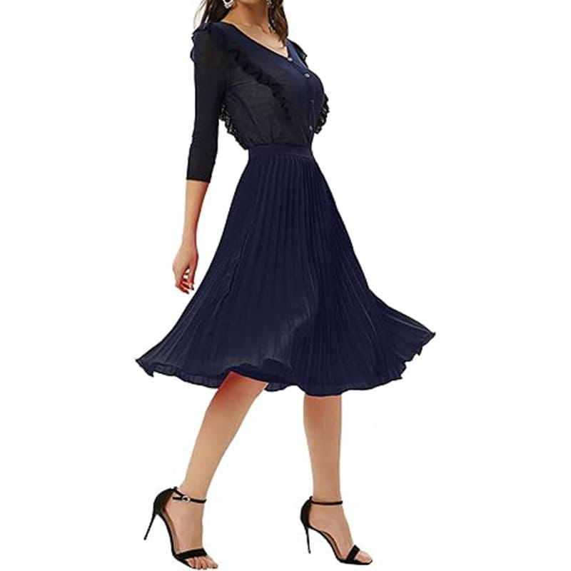 a navy blue large swing casual dress featuring a ruffled v-neck bodice and a pleated skirt