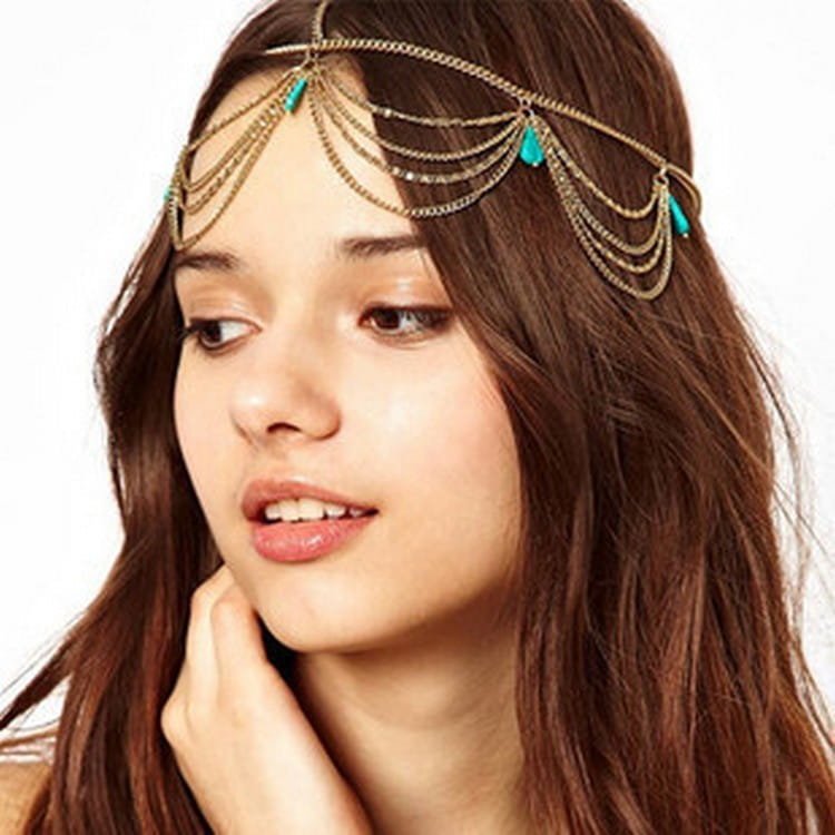 Gold-toned chain tasseled headband adorned with turquoise teardrop beads in ethnic style all-match headband design.