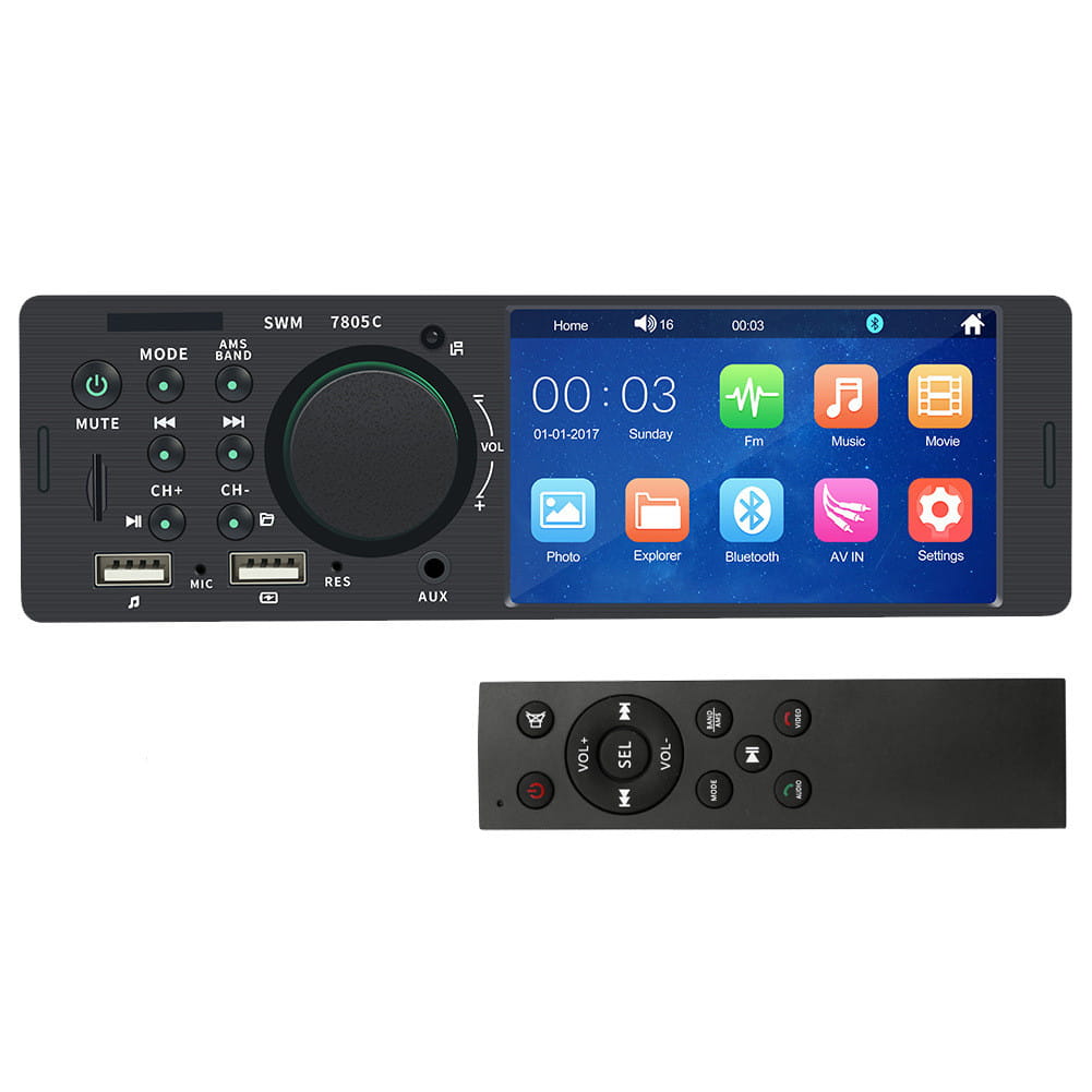 black rectangular 7805c car stereo with touchscreen display control buttons and matching remote featuring usb hands free and free reversing video functionality