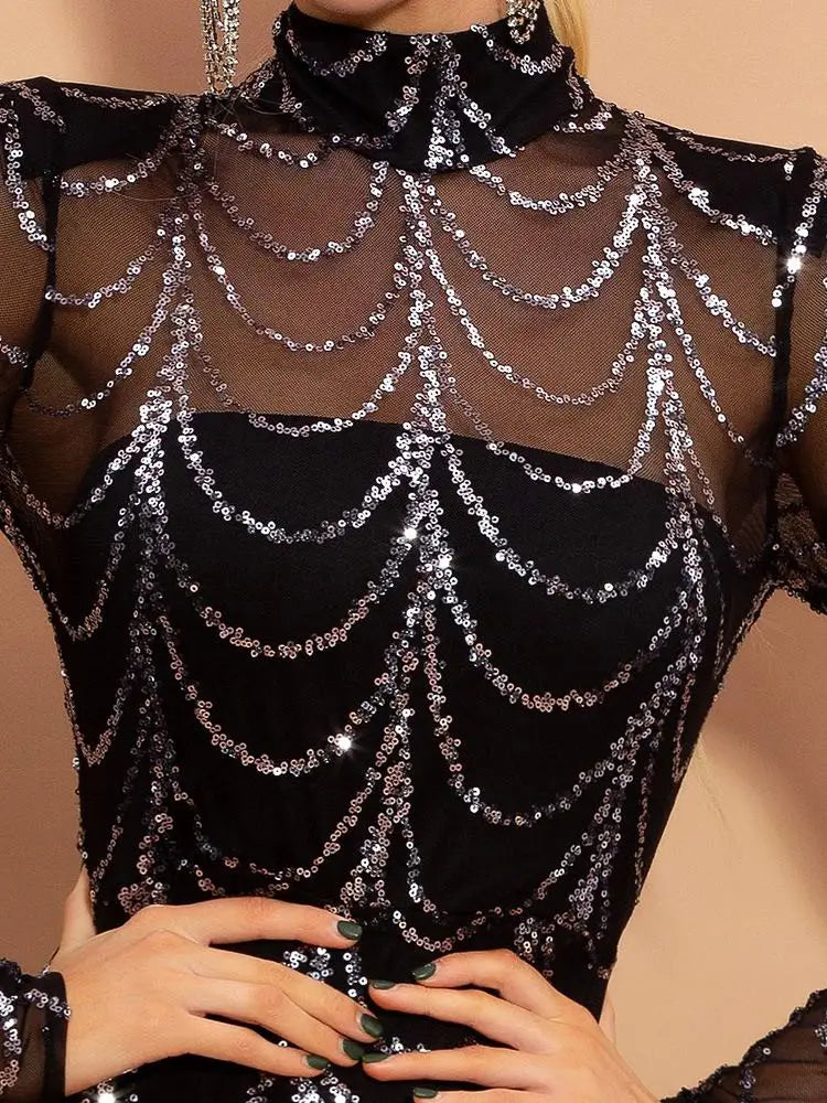 black silver sequin mermaid women maxi dress featuring long sleeves and intricate silver sequin wave patterns on sheer mesh and solid fabric.