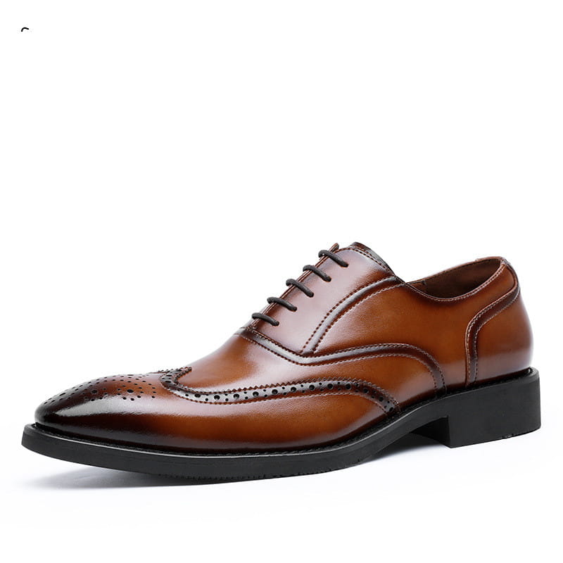 Men black leather shoes rubber sole brogues in brown leather with brogue detailing and black laces.
