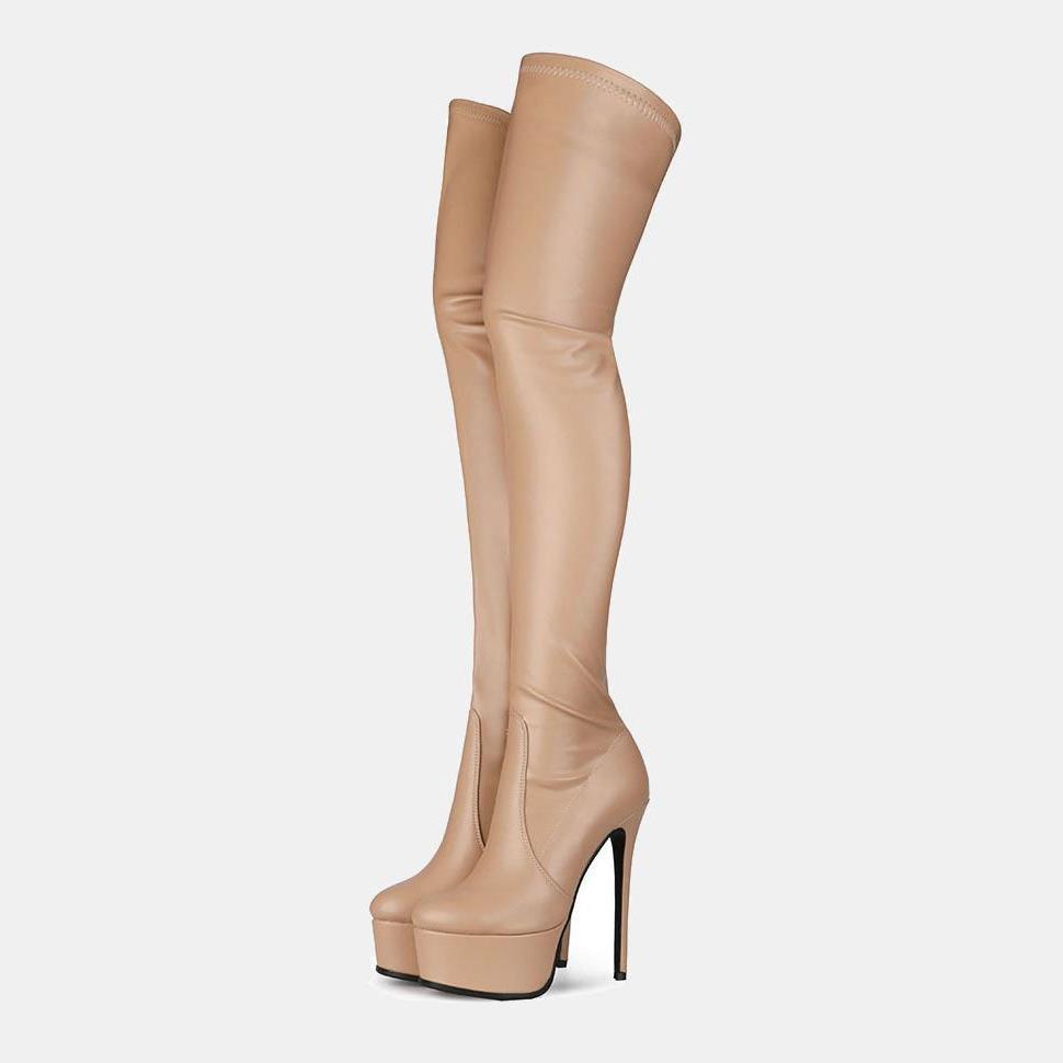 Beige patent knee high heel boots with a platform and stiletto heel designed as high heel boots.