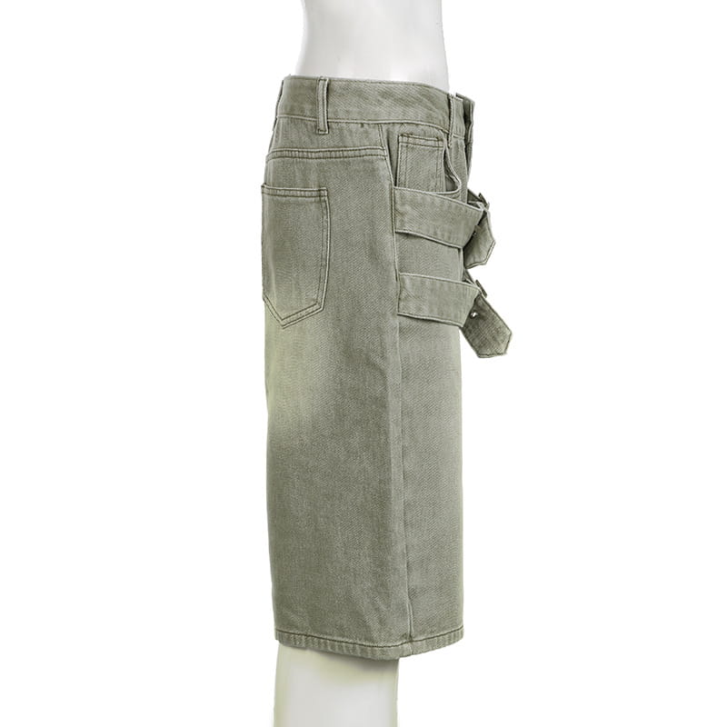 olive green denim skirt with multiple pockets and belt loop detail featuring jeans double belt adjustable buckle for a versatile fit