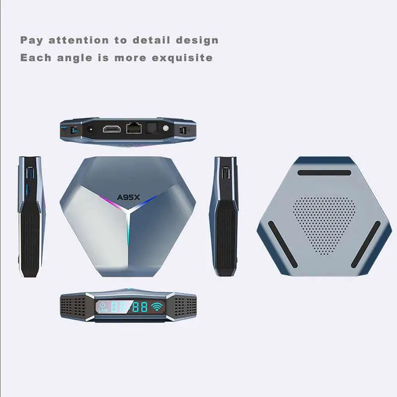 A sleek metallic silver a95x 8k rgb network player set-top box with hexagonal design and dual-band wifi connectivity