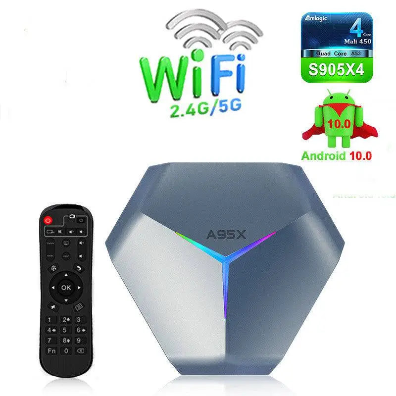 Silver and black hexagonal a95x 8k rgb network player set-top box with glowing rgb accents and dual-band wifi connectivity