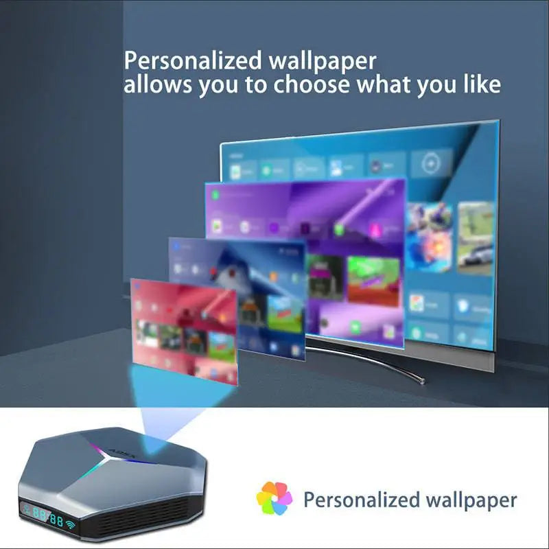 Silver and black hexagonal a95x 8k rgb network player set-top box with glowing rgb accents and dual-band wifi connectivity
