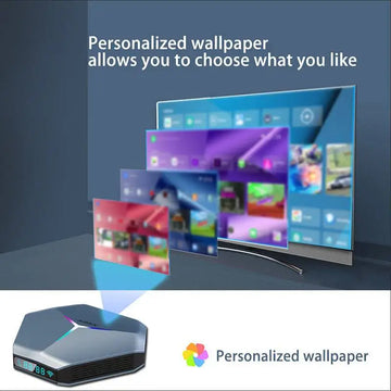 Silver and black hexagonal a95x 8k rgb network player set-top box with glowing rgb accents and dual-band wifi connectivity