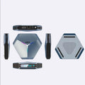 Silver hexagonal a95x 8k rgb network player set-top box with sleek angular design and glowing rgb accents featuring dual-band wifi