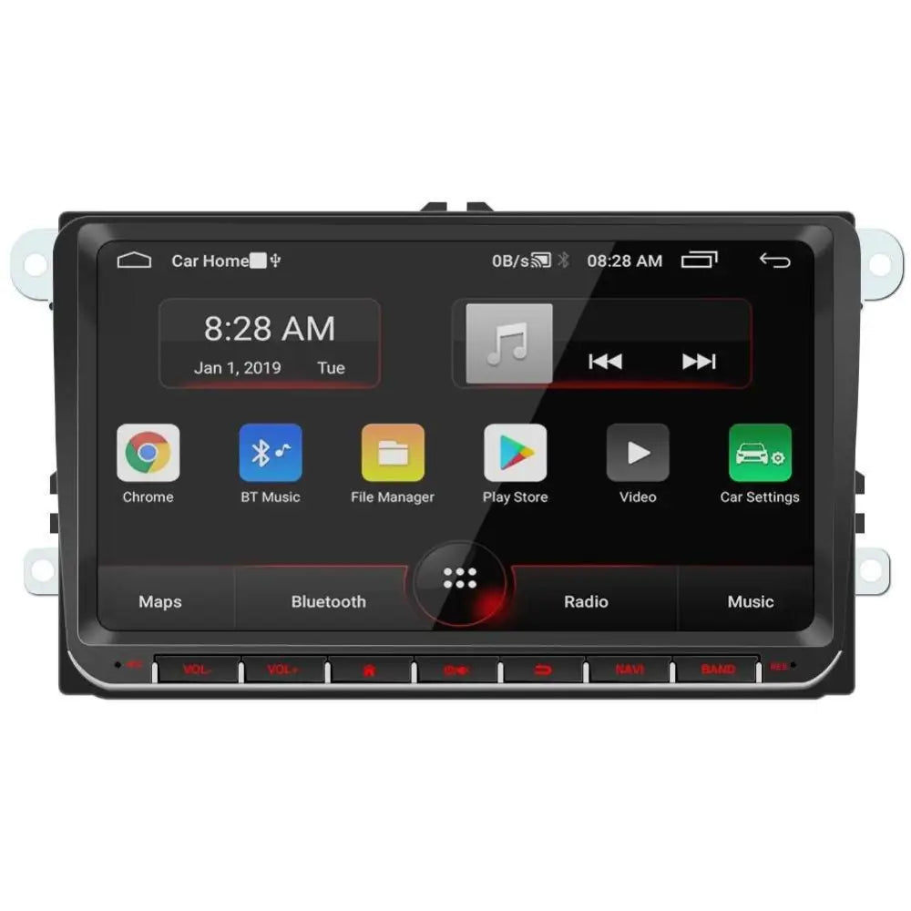 Black 9 inch android car bluetooth gps navigation stereo with sleek design and red-lit control buttons on touchscreen display