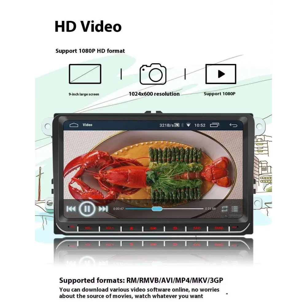Black 9 inch android car stereo with bluetooth gps navigation and red-lit control buttons for modern vehicles