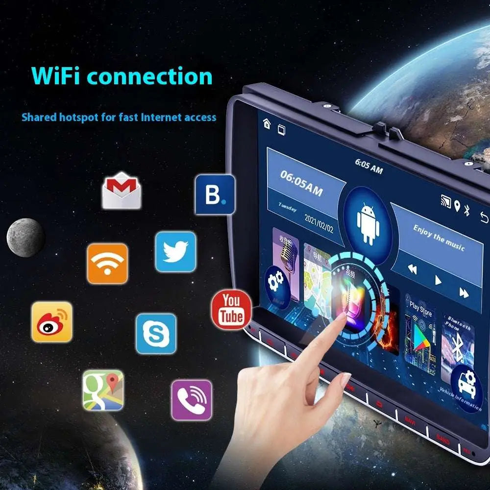 Black 9 inch android car touchscreen stereo with bluetooth gps navigation and red-lit control buttons along the bottom edge