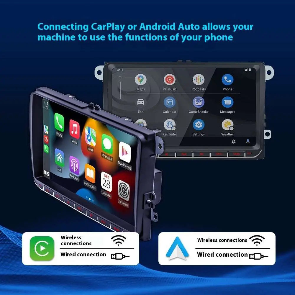 Black 9 inch android car stereo with bluetooth gps navigation touchscreen and red-lit control buttons showing phone apps