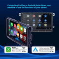 Black 9 inch android car stereo with bluetooth gps navigation touchscreen and red-lit control buttons showing phone apps