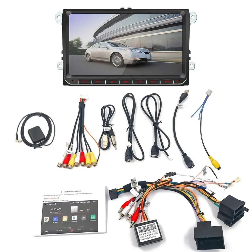 Black 10.25-inch android car stereo with bluetooth gps navigation touchscreen and red-lit control buttons with cables
