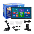 Black-framed 9-inch navigator car portable with capacitive touchscreen displaying colorful app icons in russian language