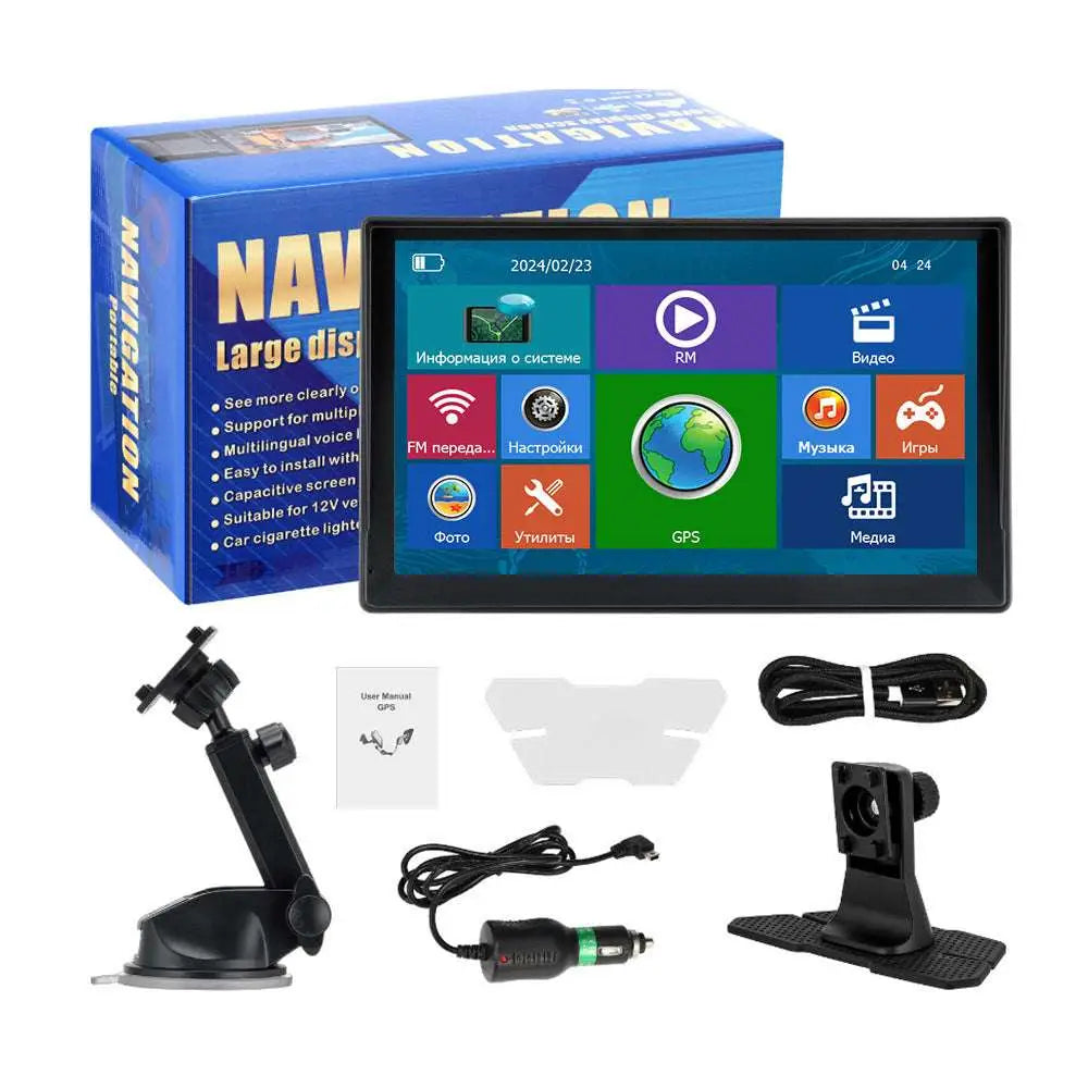 Black-framed 9-inch navigator car portable with capacitive touchscreen displaying colorful app icons in russian language