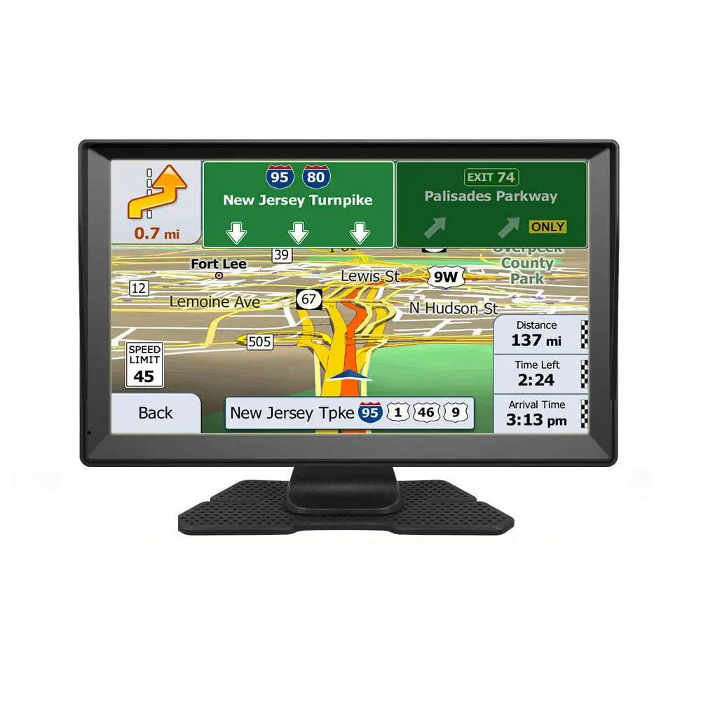 Black-framed 9-inch navigator car portable gps screen displaying detailed road map with route guidance and travel info