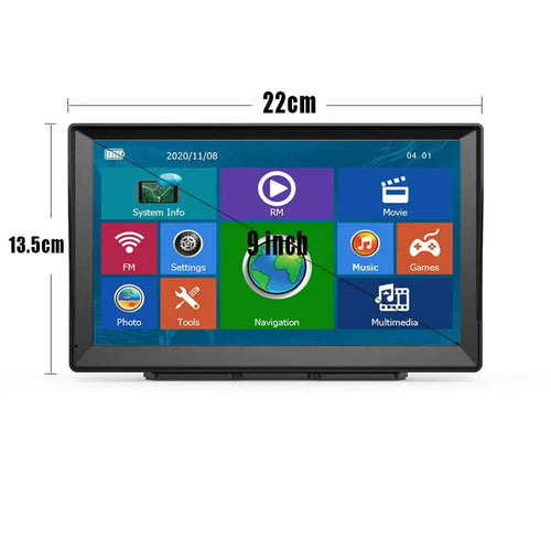 Black 9-inch navigator car portable touchscreen stereo with sleek rectangular design and colorful app icons displayed