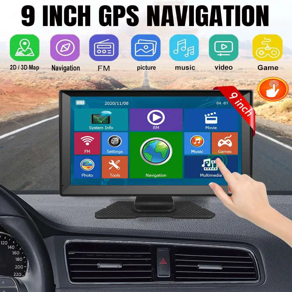 9-inch black navigator car portable gps screen with colorful app icons on touchscreen for portable truck large navigation