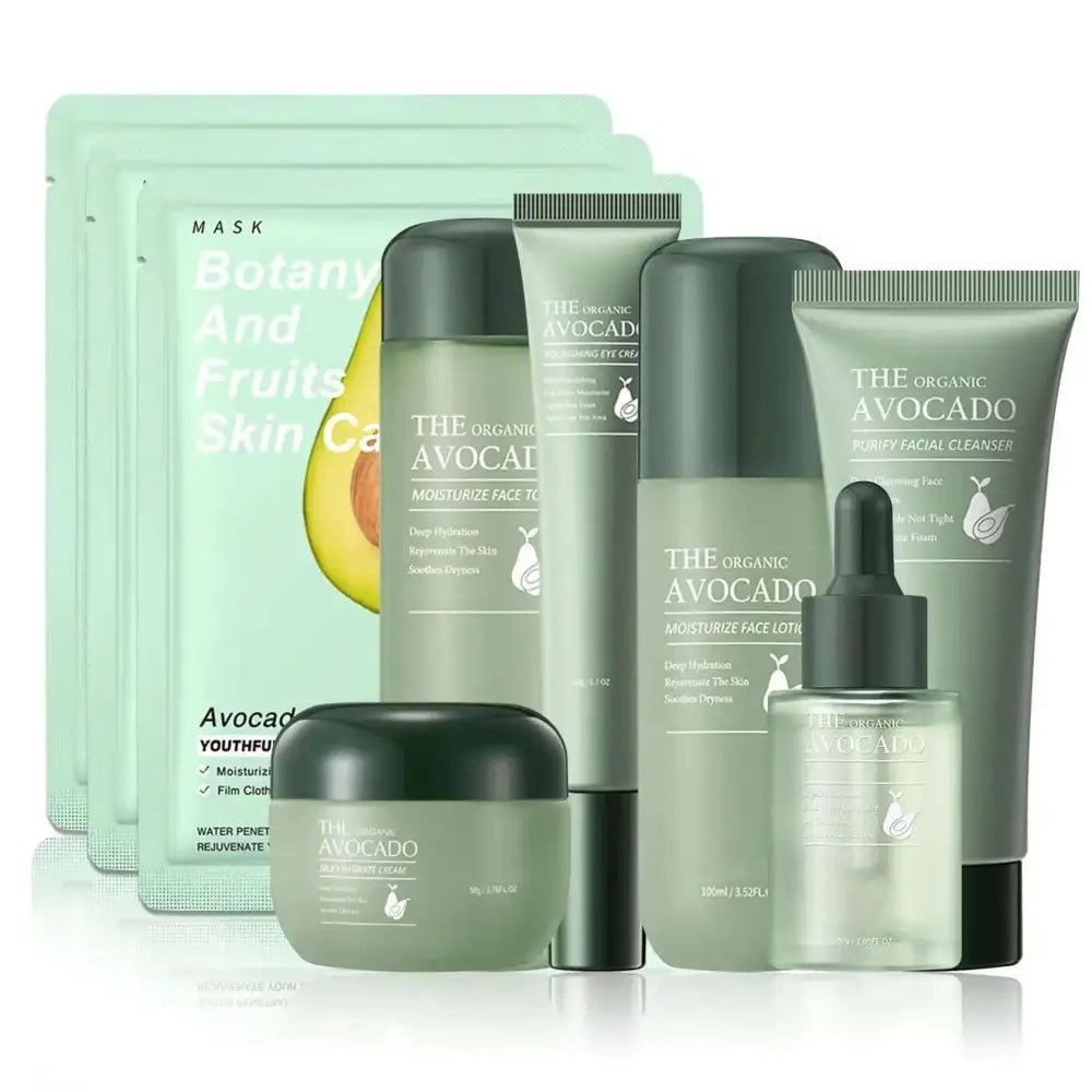 The 9 piece avocado skin care set includes matte sage-green bottles with face serum and moisturizing effect for skin care