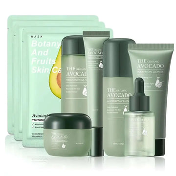 The 9 piece avocado skin care set includes matte sage-green bottles with face serum and moisturizing effect for skin care