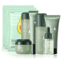 The 9 piece avocado skin care set includes matte sage green bottles with face serum and toner for moisturizing effect