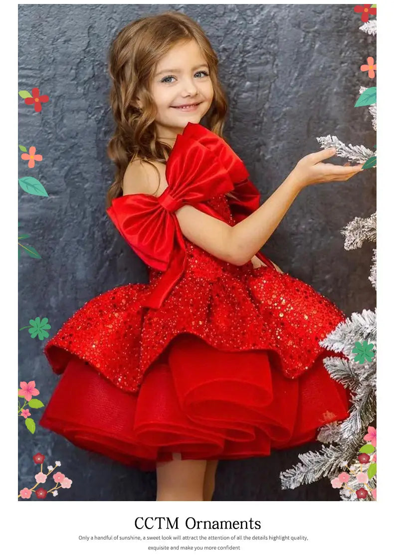 a princess dress red featuring a vibrant red sequined fabric with a large off-the-shoulder bow and a layered red tulle tutu