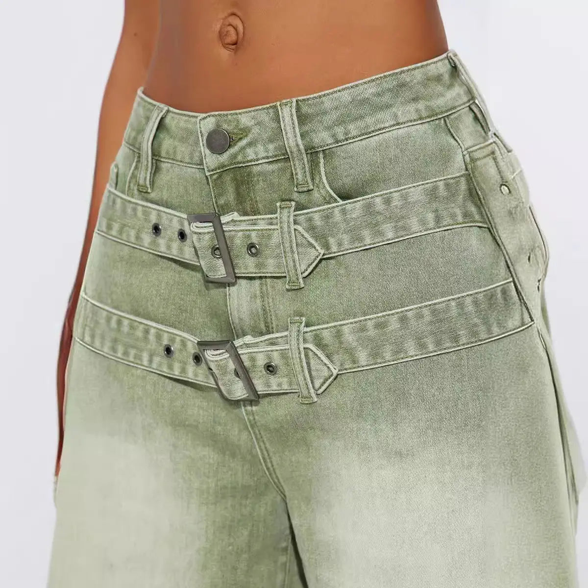 high-waisted light green denim jeans double belt shorts with two silver-toned belt adjustable buckles across the front.