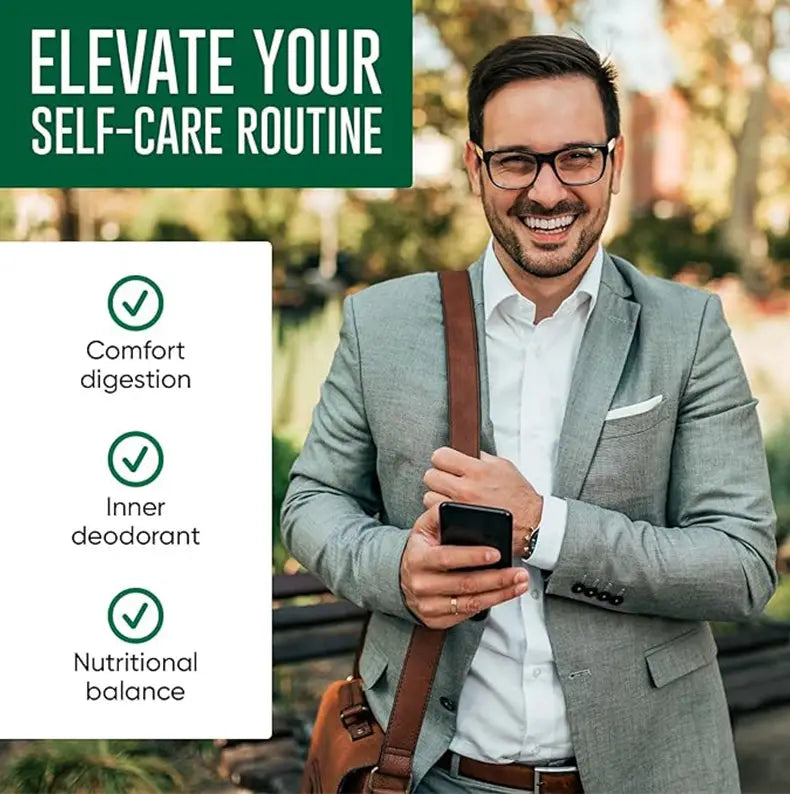 Man in gray suit holding black smartphone with brown leather strap bag over shoulder standing next to certified GMP FDA chlorophyll capsules for health and wellness.