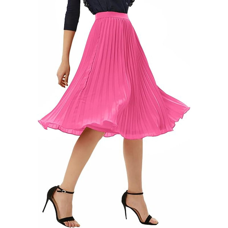 A vibrant pink pleated lightweight flowing fabric large swing casual skirt for comfortable everyday wear.