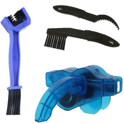 blue plastic bicycle cleaning tool set with large bristle brushes and a chain tool designed for efficient bike maintenance.