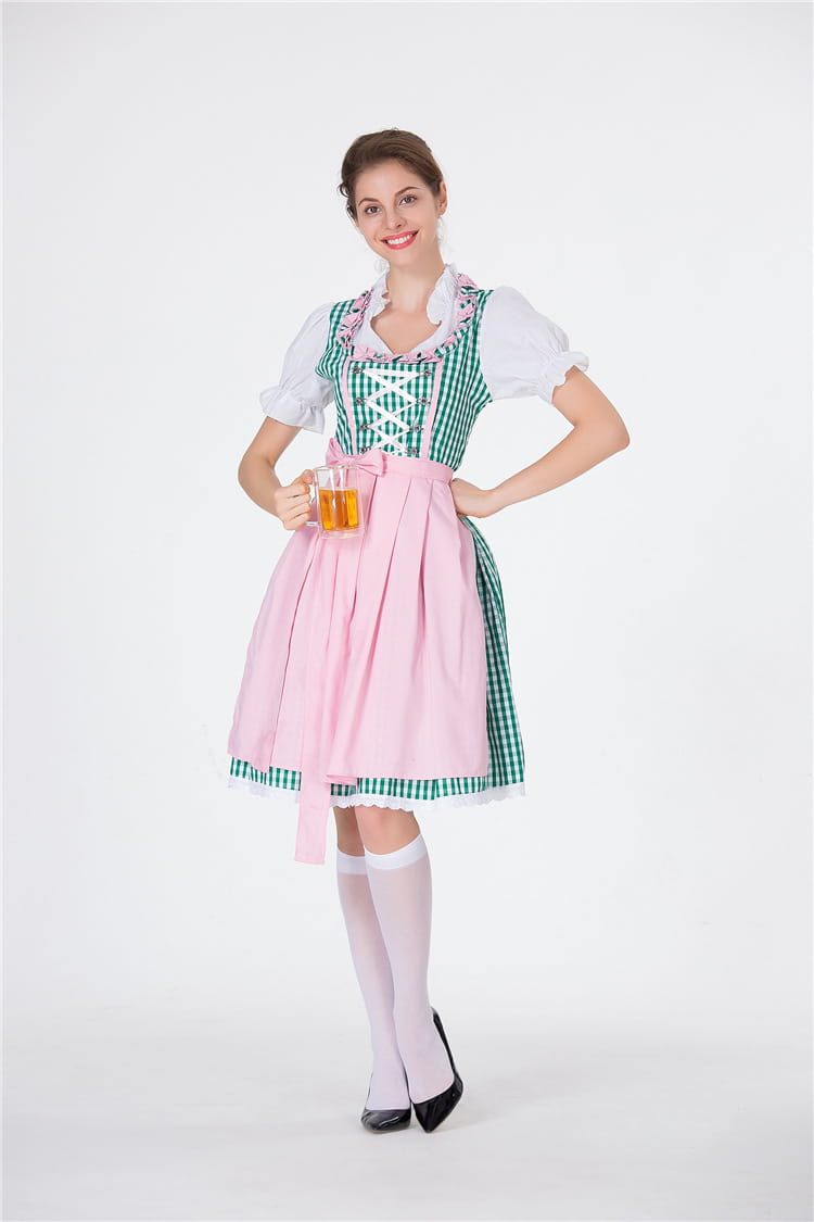 a woman wearing a traditional bavarian dirndl dress with a green and white checkered bodice, pink skirt, and lace-trimmed collar, ideal for german beer festival clothing and american german beer events.