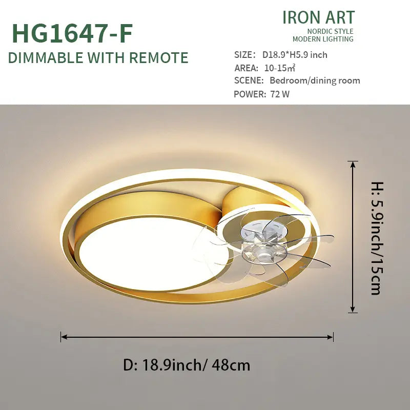 Nordic Light Luxury fan lamp with gold-finished circular design, integrated fan, and dimmable led illumination for light luxury simple interior decor.