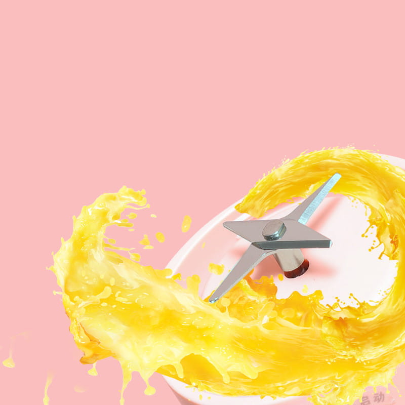 silver three-pronged blender blade with a central hub in an automatic mini portable usb automatic mini juicer set against swirling yellow liquid on a pink background