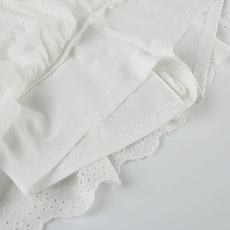 white lace-trimmed french high waist pantskirt with delicate eyelet detailing and soft smooth fabric featuring high waist elastic double layer waist elastic design