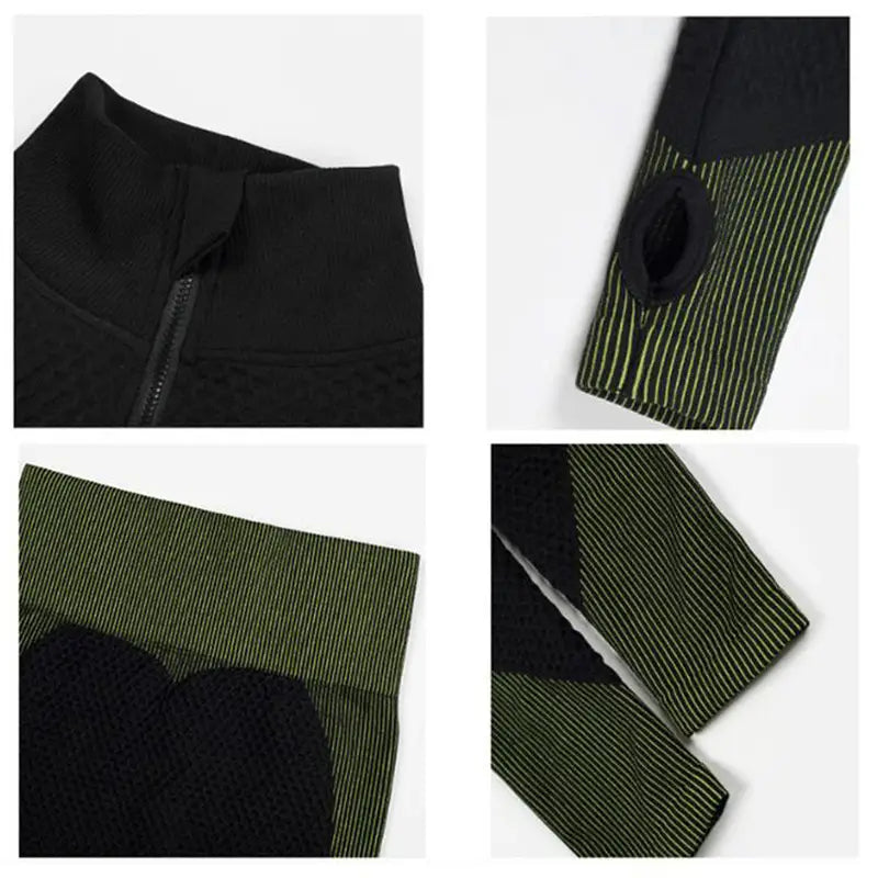 black and olive green striped athletic leggings with high collar zipper closure and ribbed cuffs from the 3pcs yoga set seamless sport ribbed athleisure collection