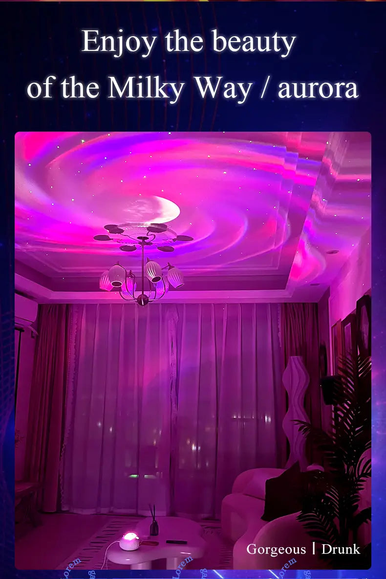 purple and pink swirling ceiling light fixture with a crescent moon design featured in the double effect northern lights projector lamp providing an effect northern lights ambiance