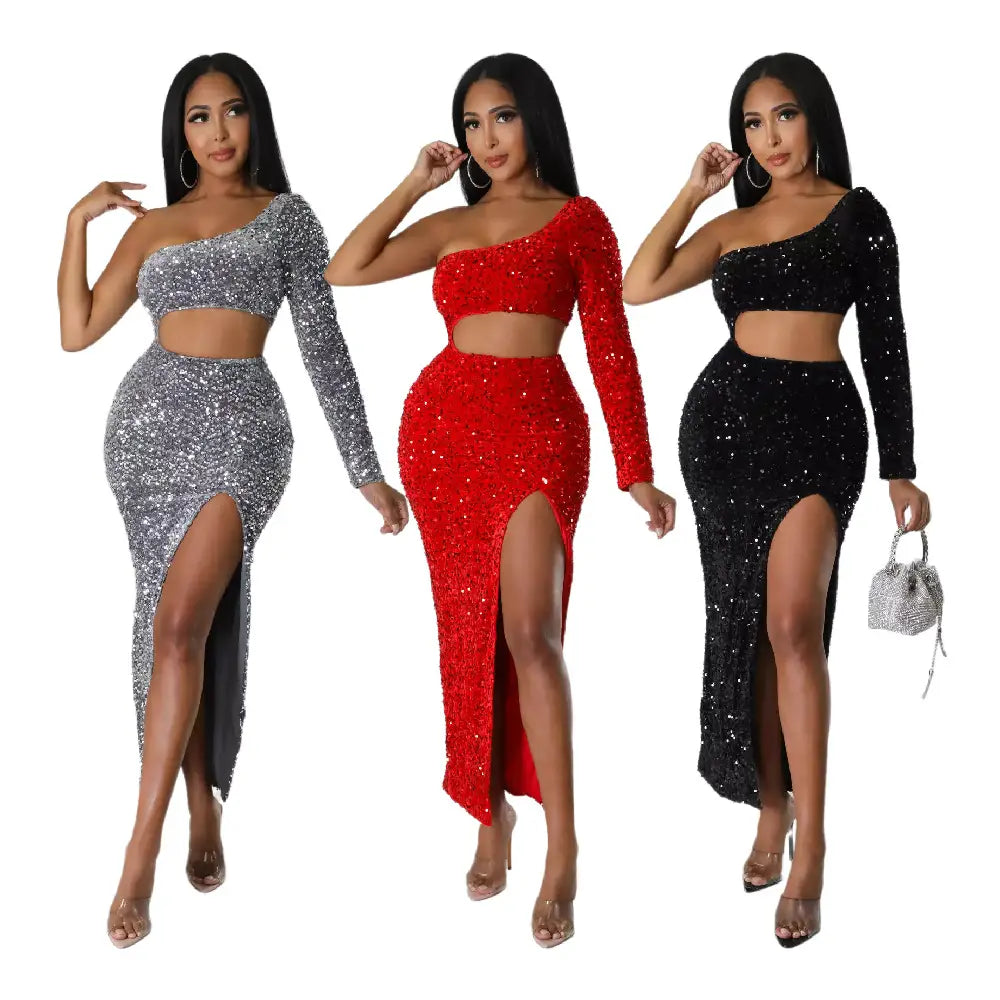 three women model fashionable sequins sexy one-shoulder two-piece outfits in silver red and black featuring a sexy navel split design