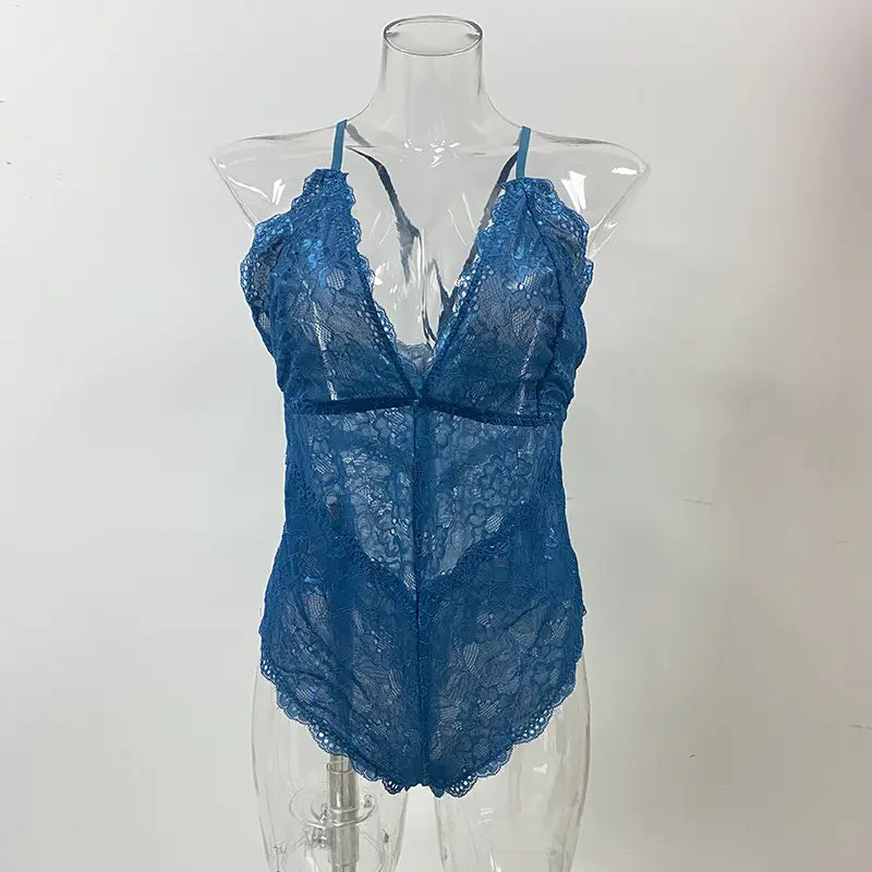 blue lace sleeveless halter plus bodysuit with delicate floral patterns and thin straps designed for plus size lace fit.