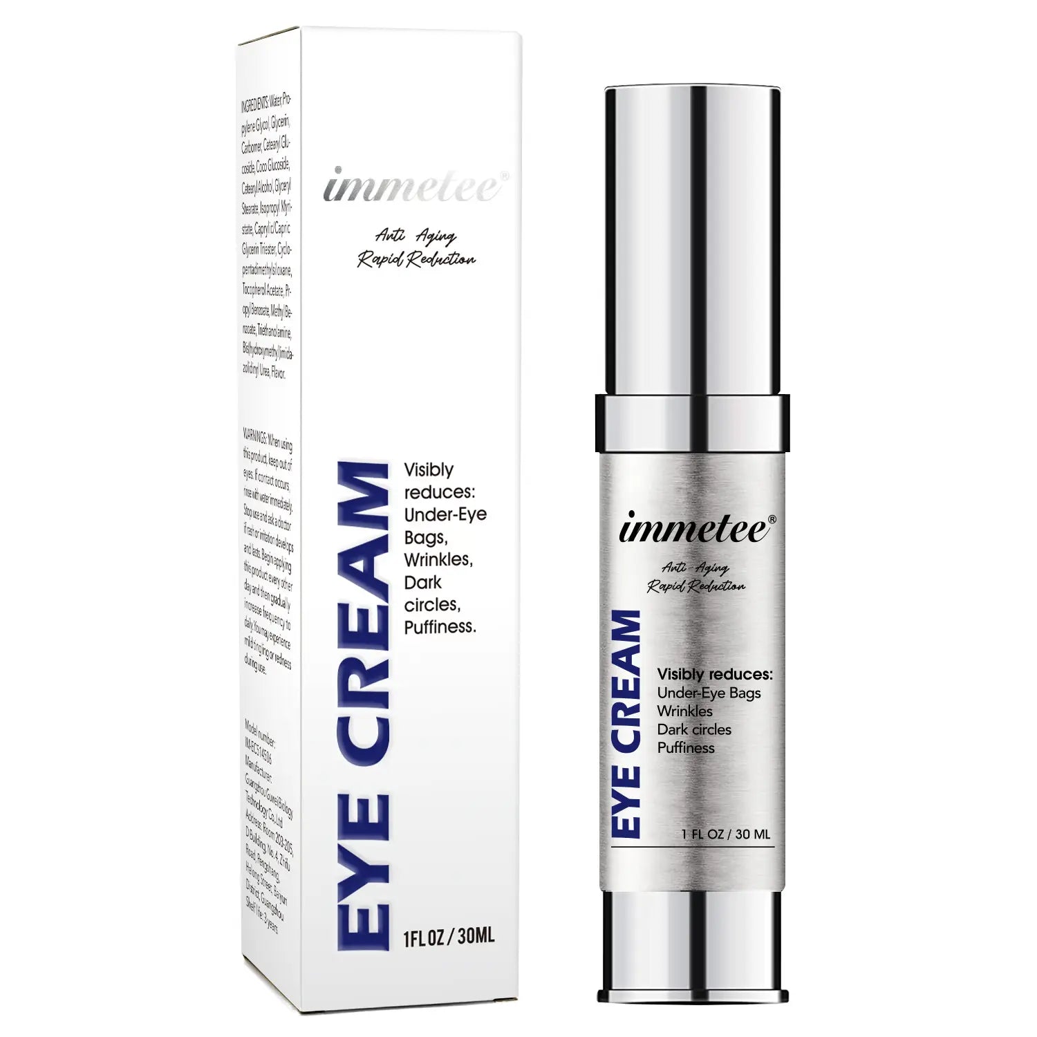 Silver-topped sleek metallic tube of Immetee anti-aging eye cream with blue lettering designed to lighten eye bags and reduce eye bags.