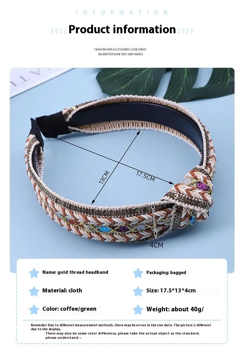 A braided gold thread fabric knotted hair headband with a coffee and green woven pattern designed as knotted hair accessories for a bohemian style.