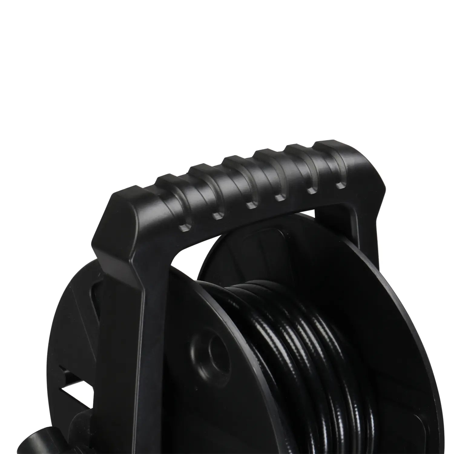 black plastic garden hose reel with textured grip handle and coiled black hose for green and black high pressure cleaner pressure cleaner use