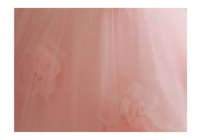 a high end banquet style host gown made from sheer pale pink floral tulle fabric with a soft translucent texture and subtle vertical folds