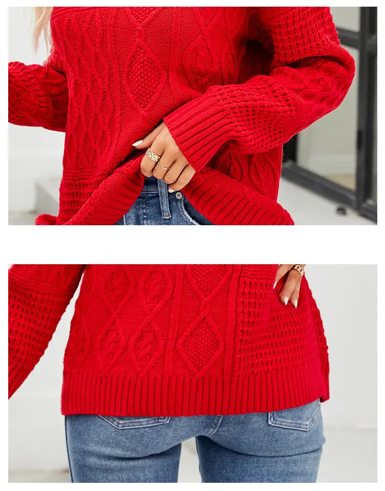 Red cable knit pullover sweater fall with solid color diamond-patterned texture and ribbed cuffs for sweater fall winter.