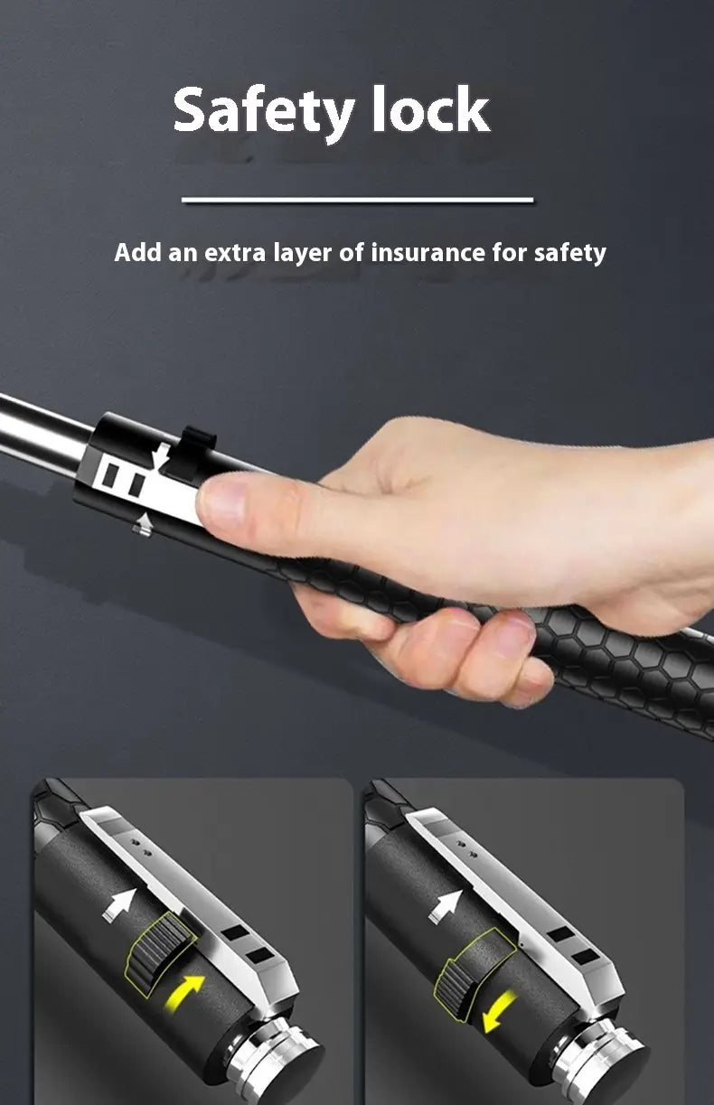 Black textured grip self-defense baton with automatic spring and silver safety lock mechanism made of aluminium alloy.
