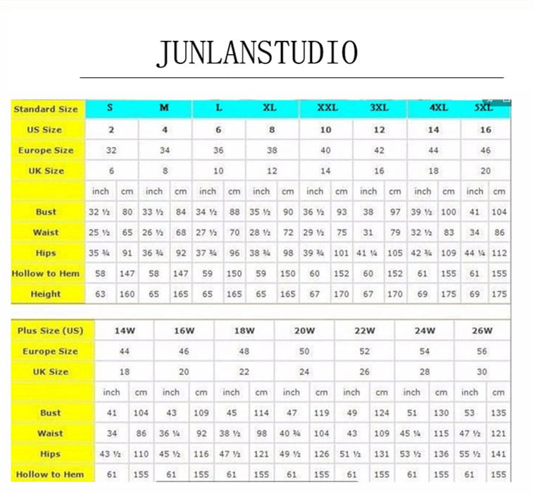 Junlanstudio size chart displaying us europe and uk measurements for trailing white temperament long lace wedding dress made of polyester fiber in standard and plus sizes.