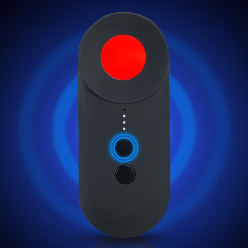 black cylindrical handheld positioning gps detector and signal detection device with a glowing red record button and blue illuminated lens ring designed for gps detector wifi applications