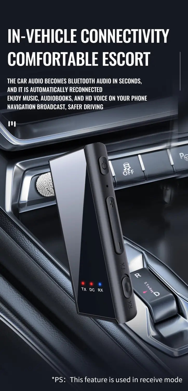 Black sleek 3.5mm bluetooth adapter car audio transmitter with silver accents and labeled ports for adapter car bluetooth connectivity.