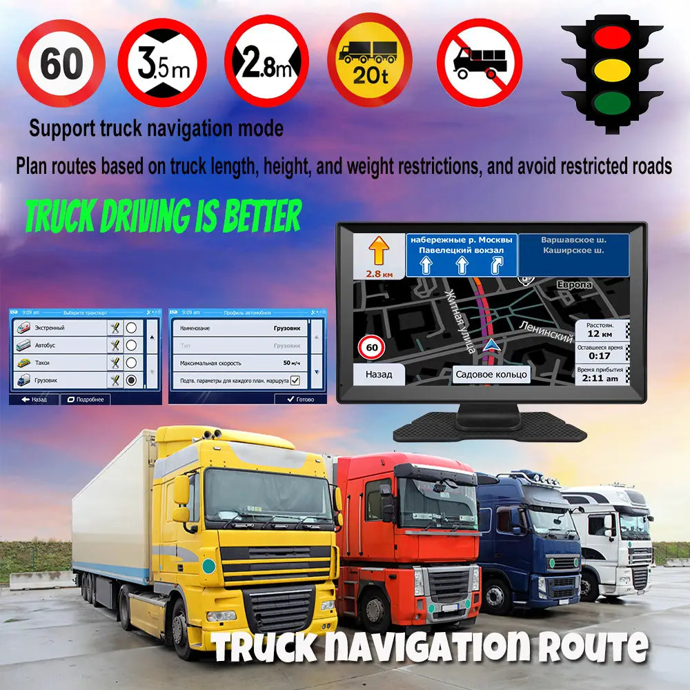 The image shows a black rectangular 9-inch navigator car portable truck screen with a glossy finish and rounded corners designed for portable truck large navigation.